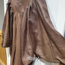 Womens Vera Pelle Italy Leather Brown Cape Coat Size Large Batwing Sleeves