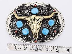 XL LARGE Longhorn Bull Skull Western Paisley Stones 1980s Vintage Belt Buckle