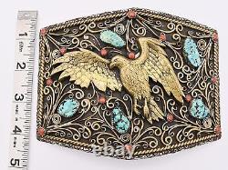 XL LARGE Oversize Western Eagle Paisley Red Coral Turq Heavy Vintage Belt Buckle