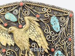 XL LARGE Oversize Western Eagle Paisley Red Coral Turq Heavy Vintage Belt Buckle
